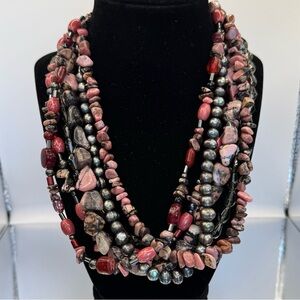 Rhodonite, Crystal & Peacock Pearls Multi-Strand Beaded Necklace